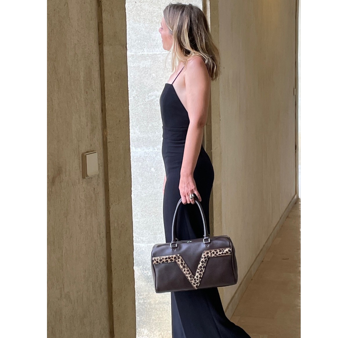 Sac bowling noir liseré cognac Valière