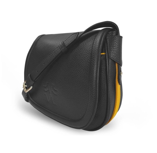 Le sac à main Vens, intemporel et indispensable, dans sa version en cuir noir, liseré jaune.
