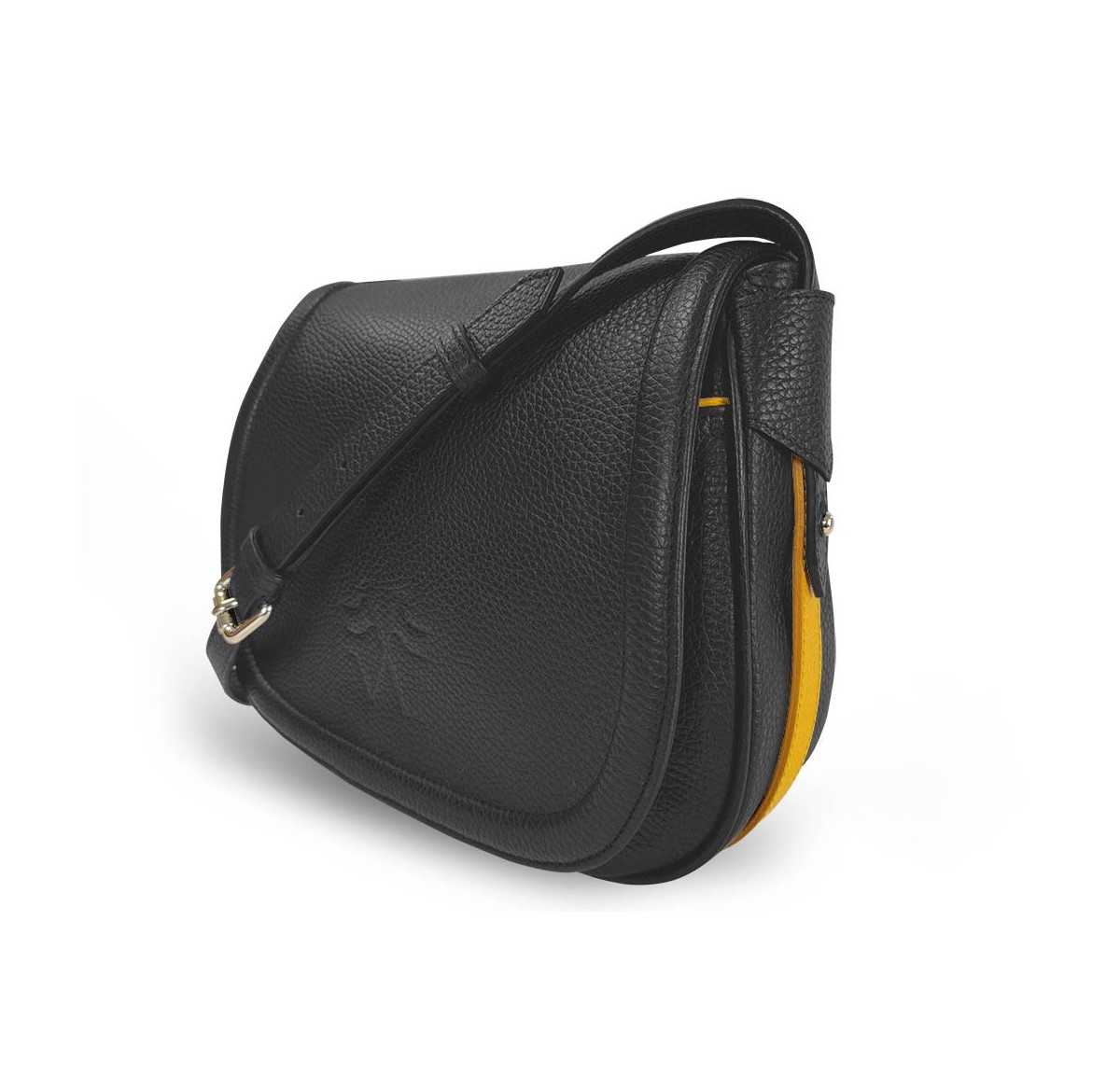 Le sac à main Vens, intemporel et indispensable, dans sa version en cuir noir, liseré jaune.