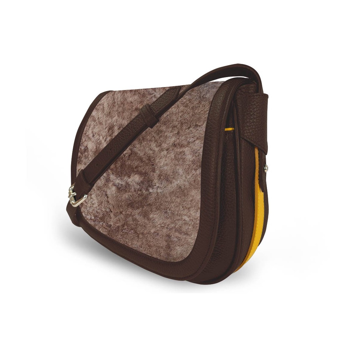 Le sac à main Vens, intemporel et indispensable, dans sa version en mouton, liseré jaune.