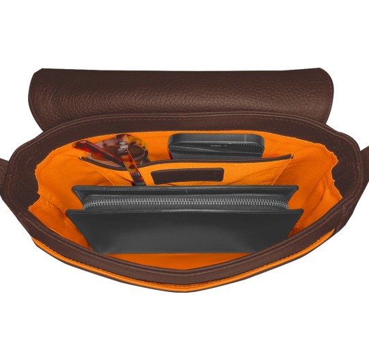 Intérieur sac à main cuir marron liseré orange.