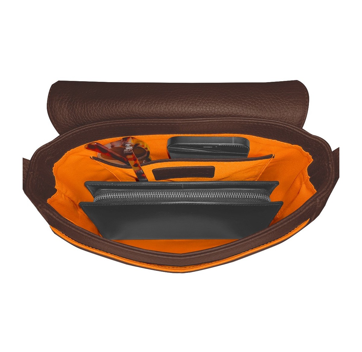 Intérieur sac à main cuir marron liseré orange.