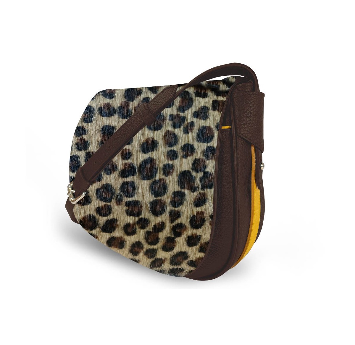 Le sac à main Vens, intemporel et indispensable, dans sa version en léopard, liseré jaune.