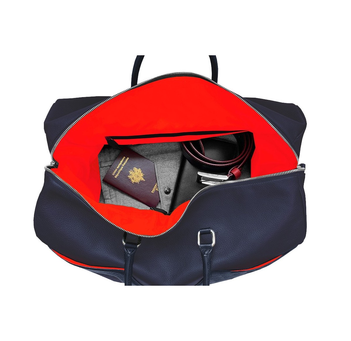 Intérieur sac de voyage cuir bleu liseré rouge et blanc.