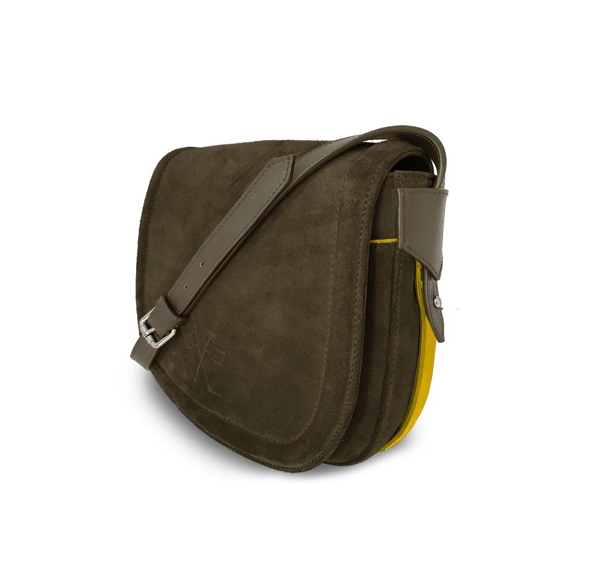 Le sac à main Vens, intemporel et indispensable, dans sa version en nubuck kaki, liseré jaune.