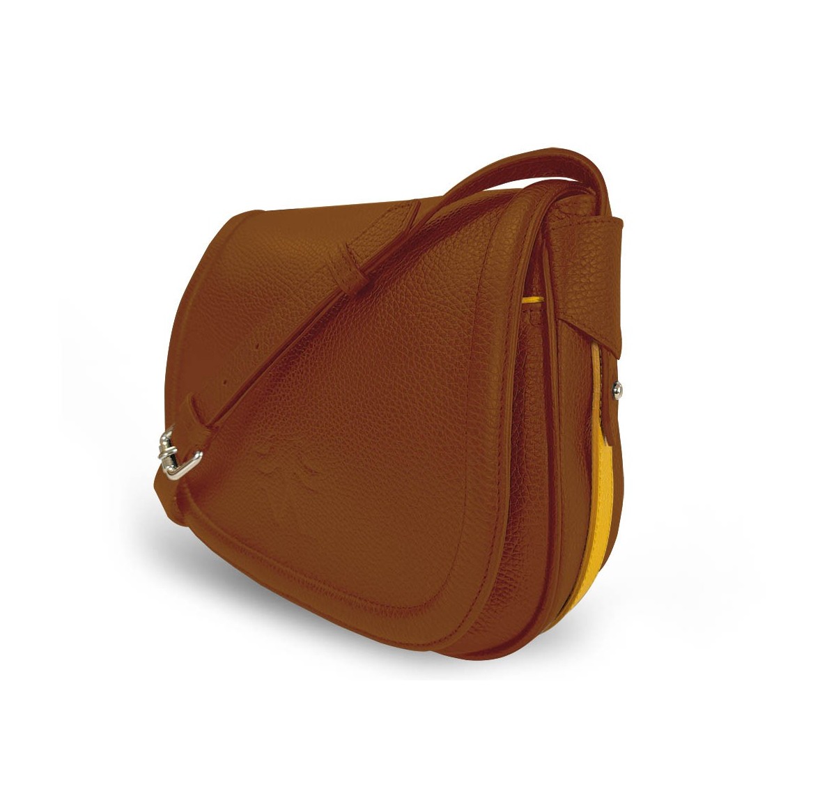 Le sac à main Vens, intemporel et indispensable, dans sa version en cuir cognac, liseré jaune.