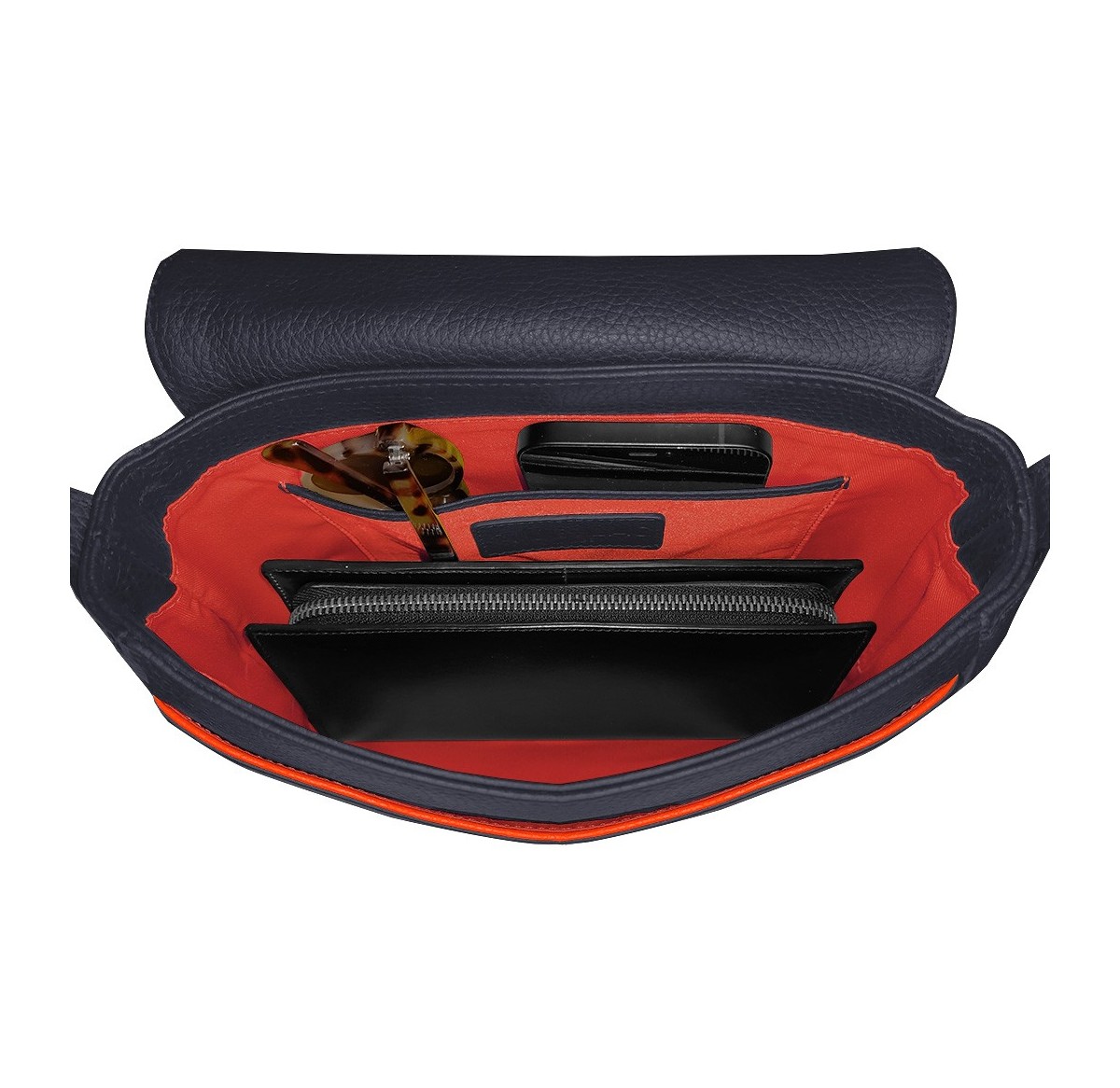 Intérieur sac à main cuir bleu liseré rouge.