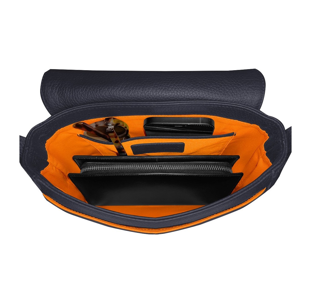 Intérieur sac à main cuir bleu liseré orange.