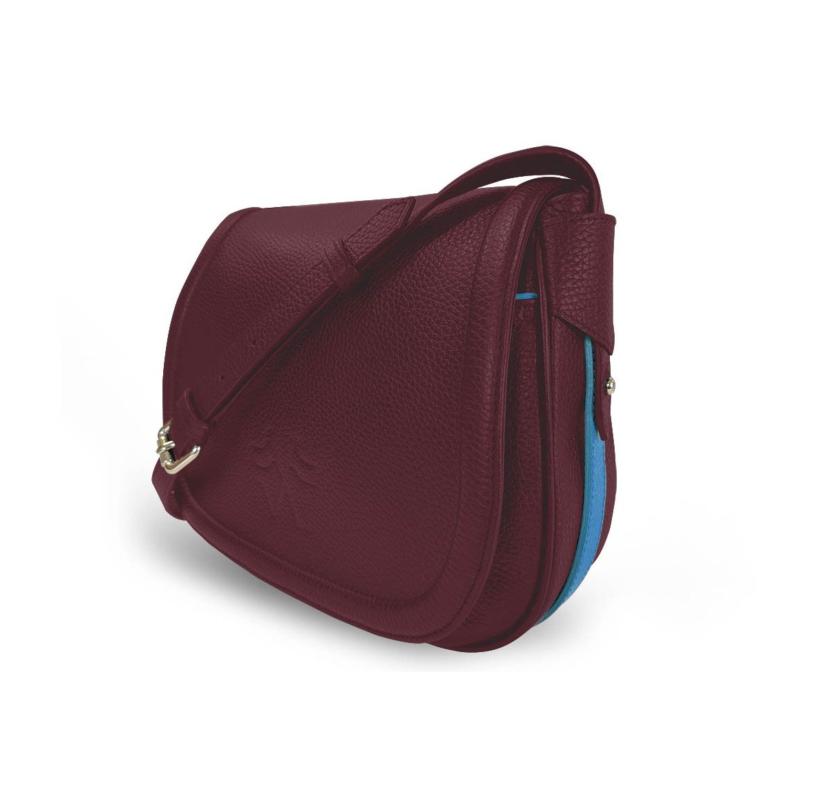 Le sac à main Vens, intemporel et indispensable, dans sa version en cuir bordeaux, liseré bleu.