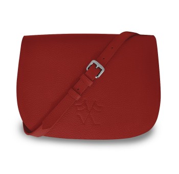 Notre Besace SaVine, en quête de praticité et de style minimaliste dans sa version en cuir rouge, liseré bleu