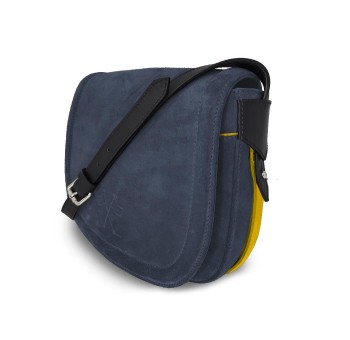 Le sac à main Vens, intemporel et indispensable, dans sa version en nubuck bleu, liseré jaune.