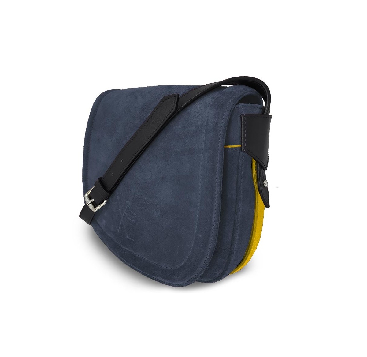 Le sac à main Vens, intemporel et indispensable, dans sa version en nubuck bleu, liseré jaune.