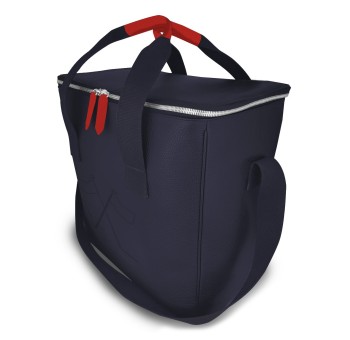 Notre glacière Vignoble, élégante dans sa version en cuir bleu, liseré rouge