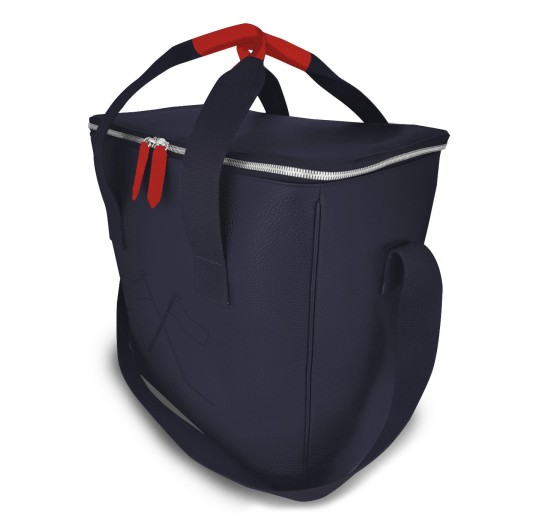 Notre glacière Vignoble, élégante dans sa version en cuir bleu, liseré rouge
