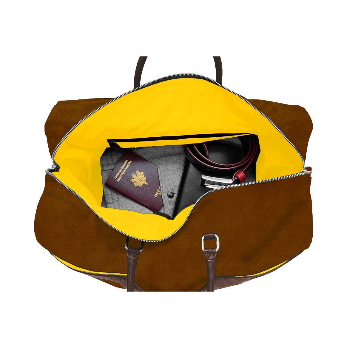 Intérieur sac de voyage nubuck cognac liseré jaune.