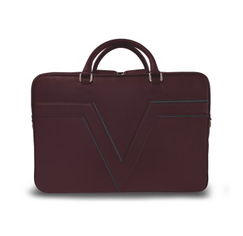 Le porte documents ClairVaux, la référence de notre gamme business, dans sa version en cuir bordeaux, liseré bleu.