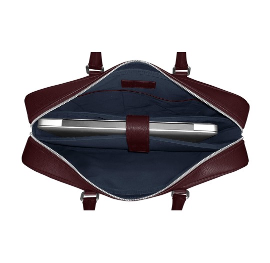 Intérieur du porte documents avec poche moussée pour protéger votre ordinateur cuir bordeaux liseré bleu.