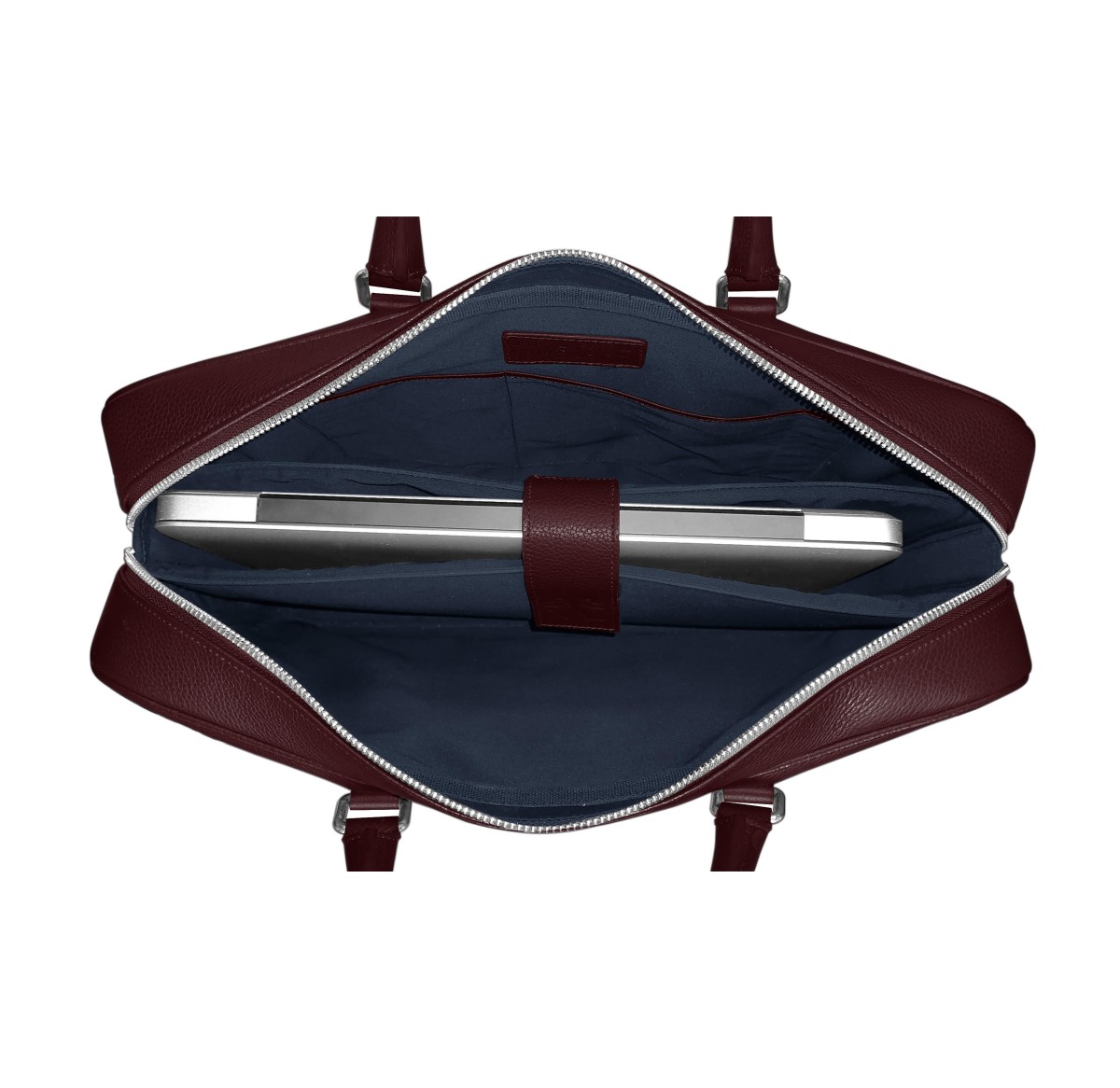 Intérieur du porte documents avec poche moussée pour protéger votre ordinateur cuir bordeaux liseré bleu.