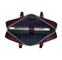 Intérieur du porte documents avec poche moussée pour protéger votre ordinateur cuir bordeaux liseré bleu.