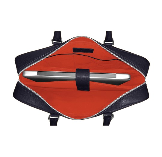 Intérieur du porte documents avec poche moussée pour protéger votre ordinateur cuir bleu liseré rouge.