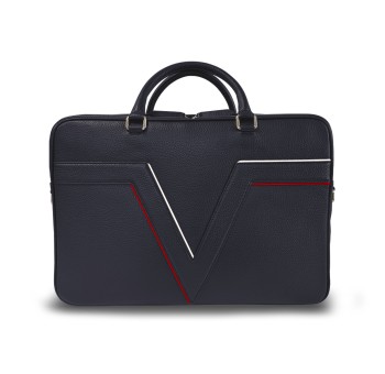 Le porte documents ClairVaux, la référence de notre gamme business, dans sa version en cuir bleu, liseré rouge blanc.