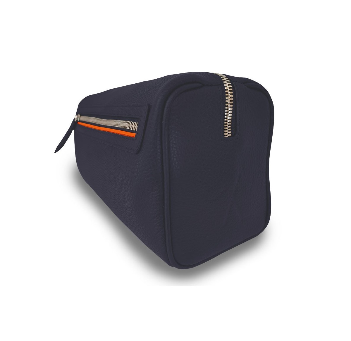Notre trousse de toilette Verdon intemporelle et élégante dans sa version en cuir bleu, liseré orange