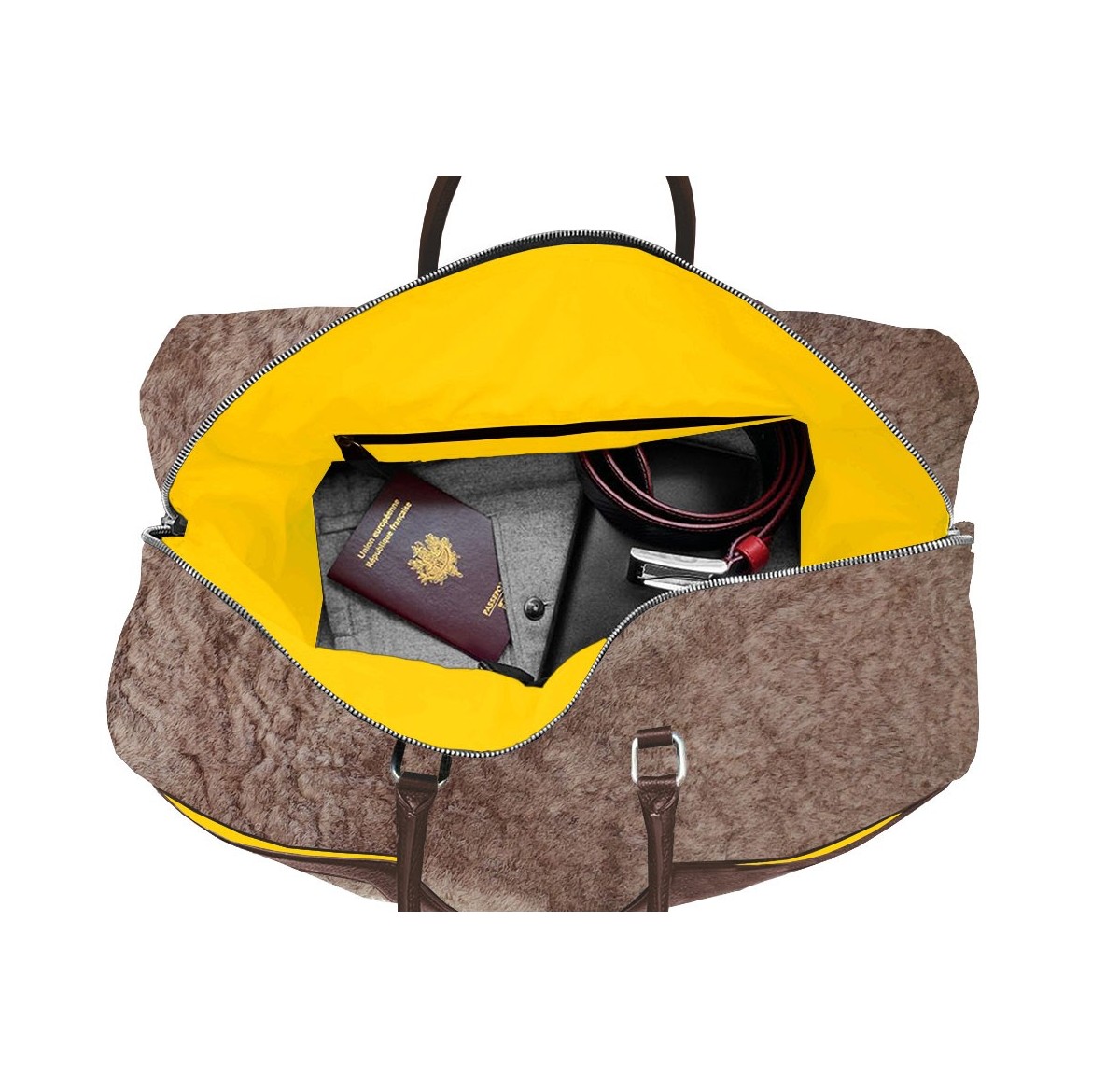 Intérieur sac de voyage mouton liseré jaune.