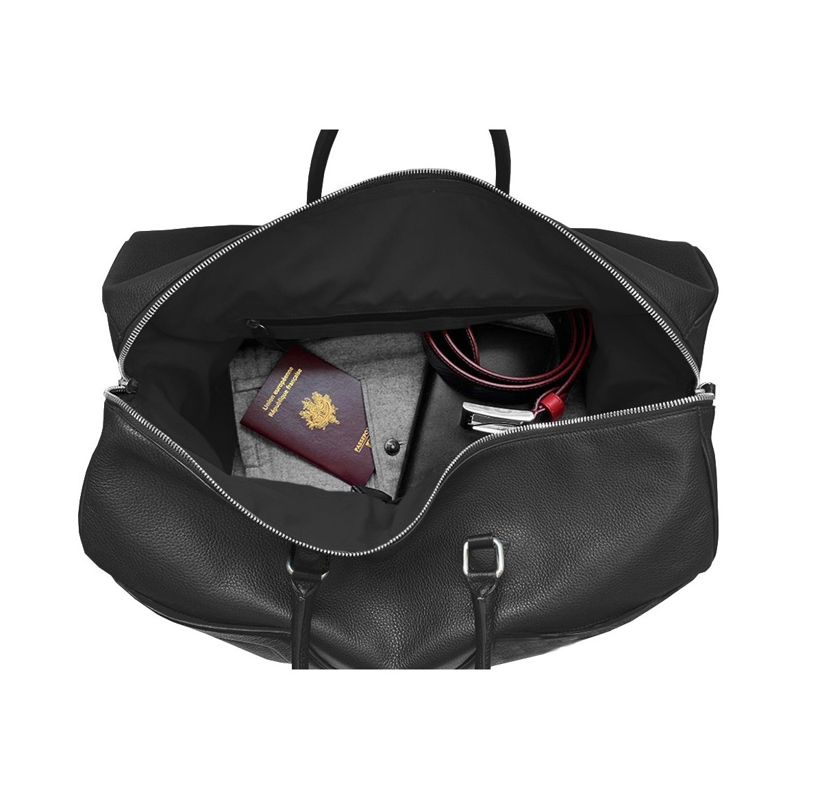 Intérieur sac de voyage cuir noir V léopard liseré jaune.