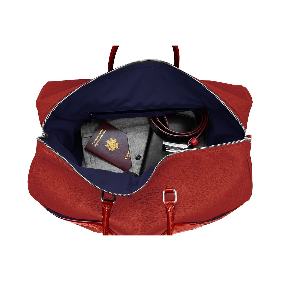 Intérieur sac de voyage cuir rouge liseré bleu blanc.