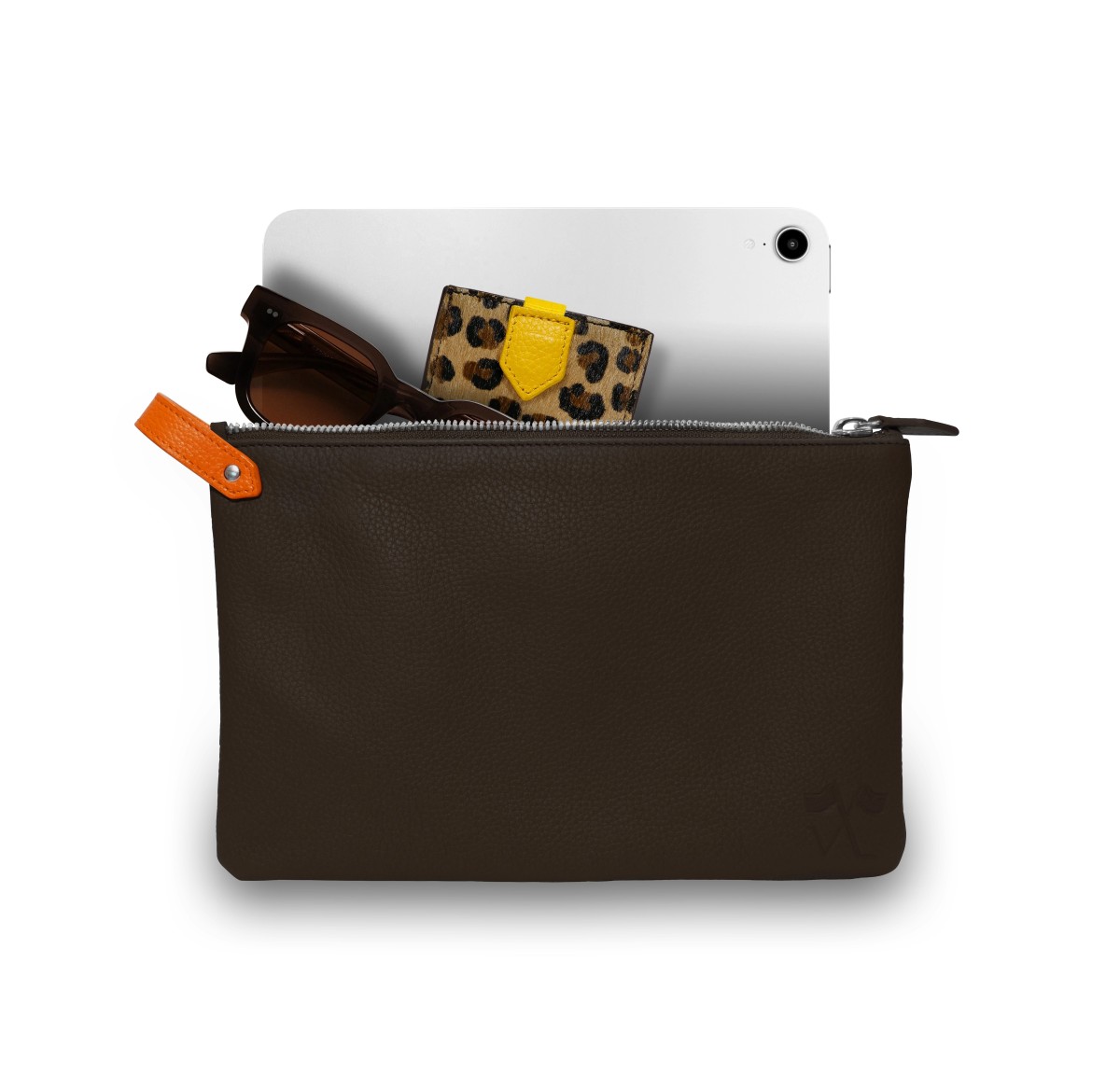 Pochette Vue Lac Volta en cuir marron