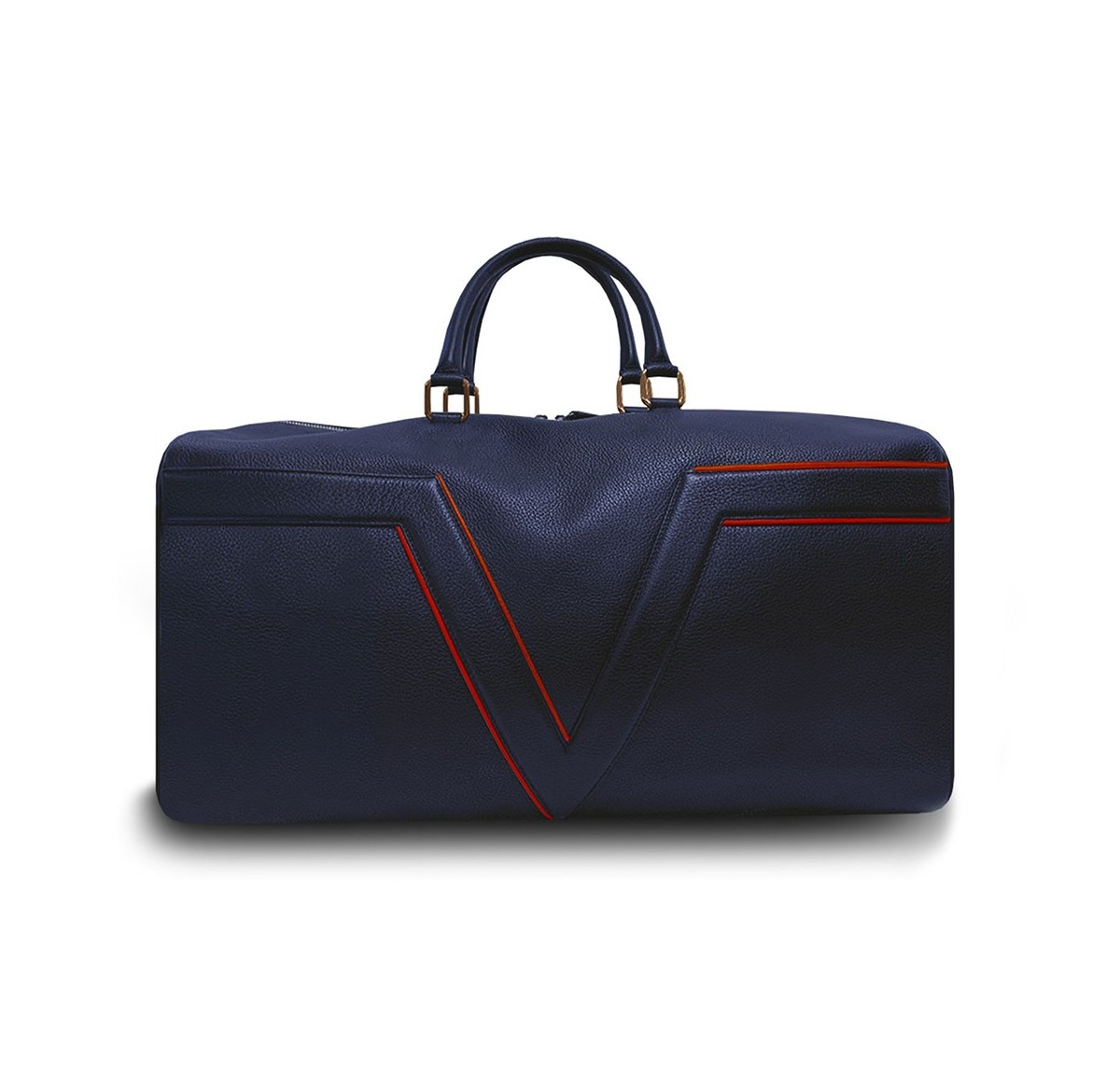 Le sac de voyage BréVent, élégant et fonctionnel, dans sa version en cuir bleu, liseré rouge.